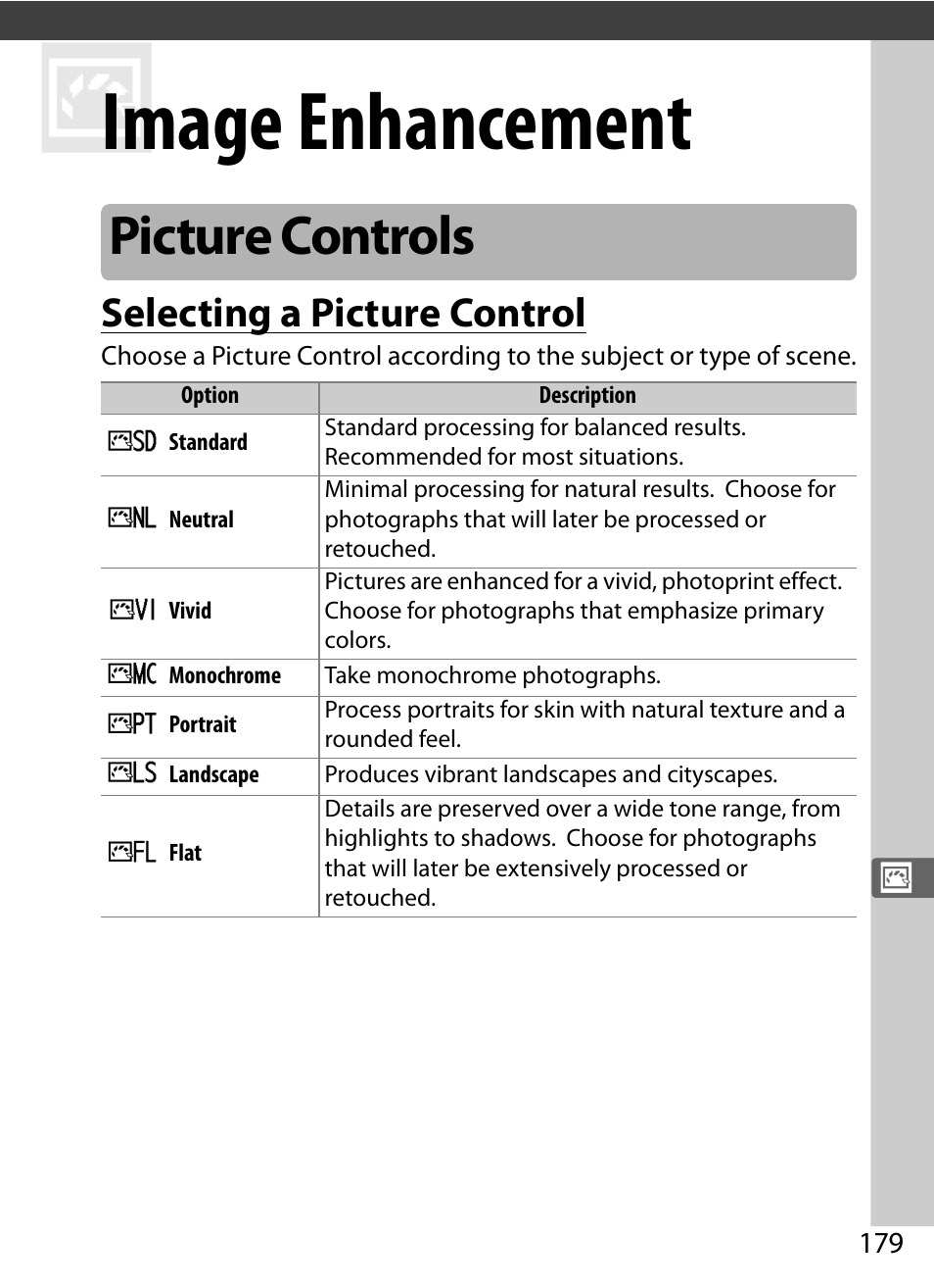 Image enhancement, Picture controls, Selecting a picture control | Ntrol | Nikon D5 User Manual | Page 201 / 424