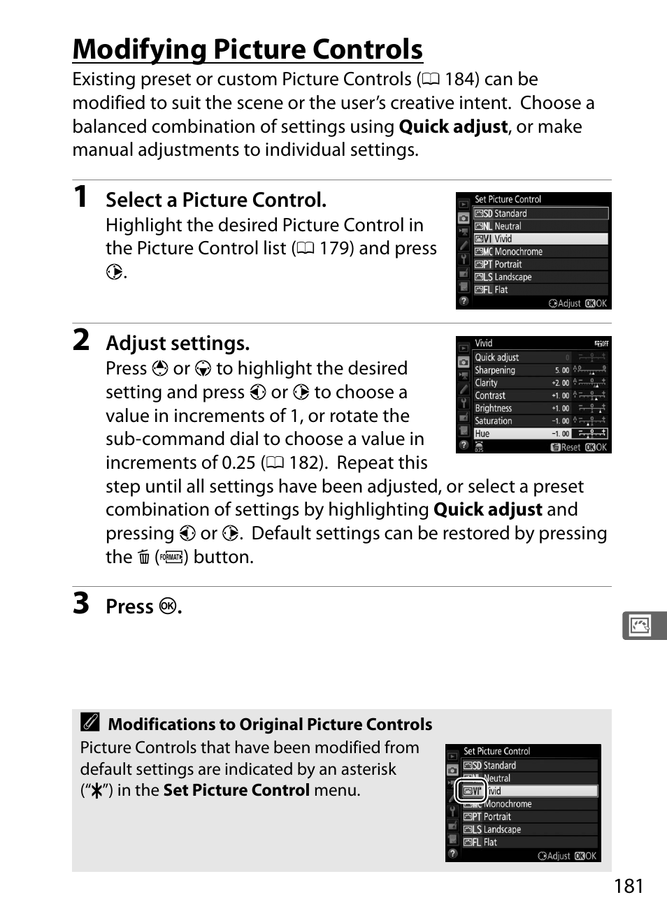 Modifying picture controls | Nikon D5 User Manual | Page 203 / 424