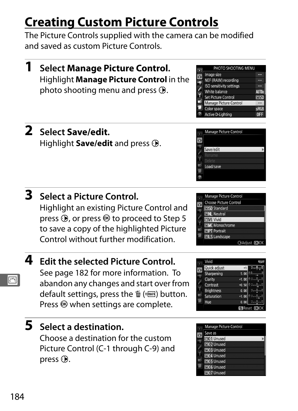 Creating custom picture controls | Nikon D5 User Manual | Page 206 / 424