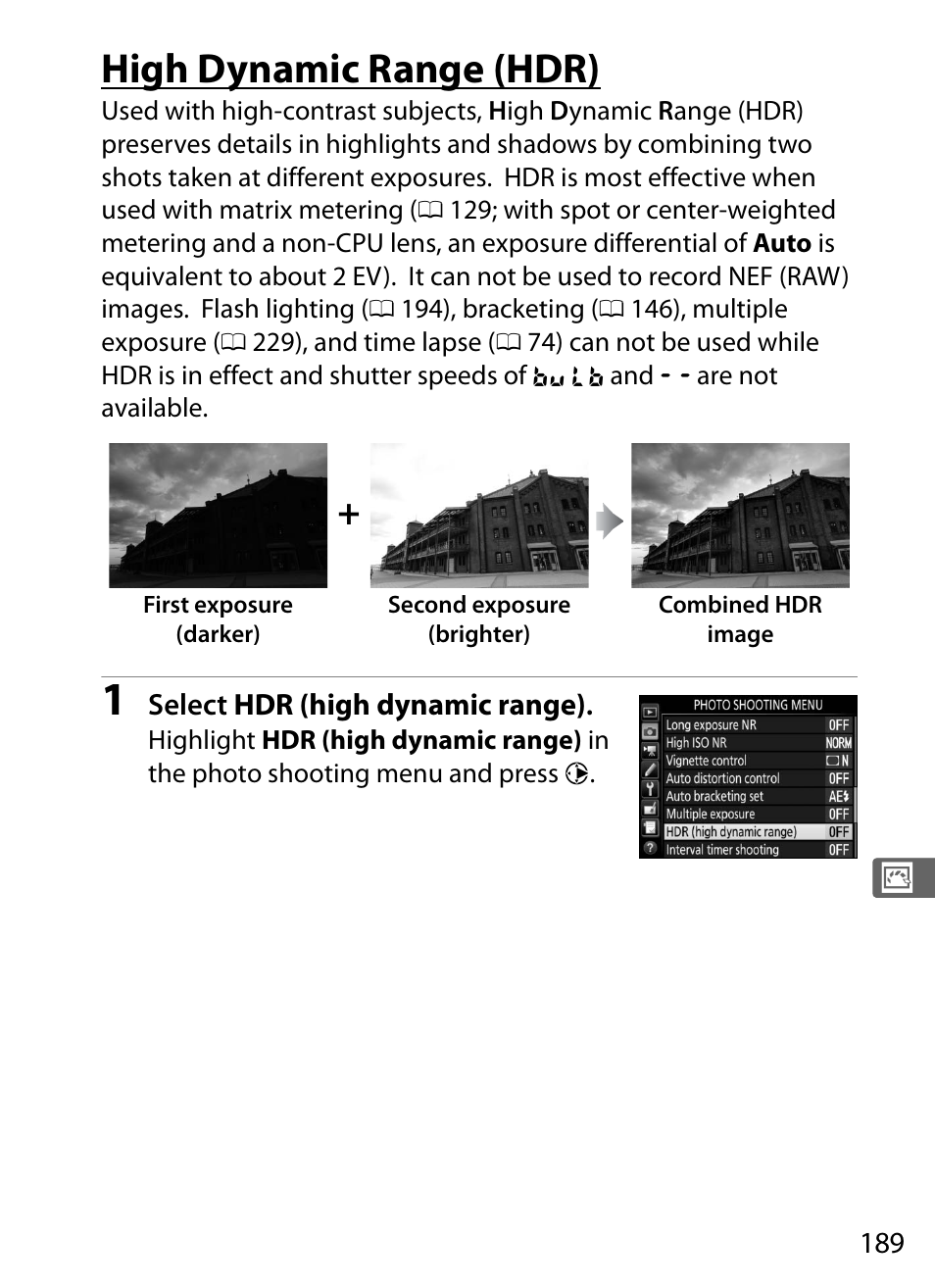 High dynamic range (hdr), 0 189), vig, 0 189), multiple | Nikon D5 User Manual | Page 211 / 424