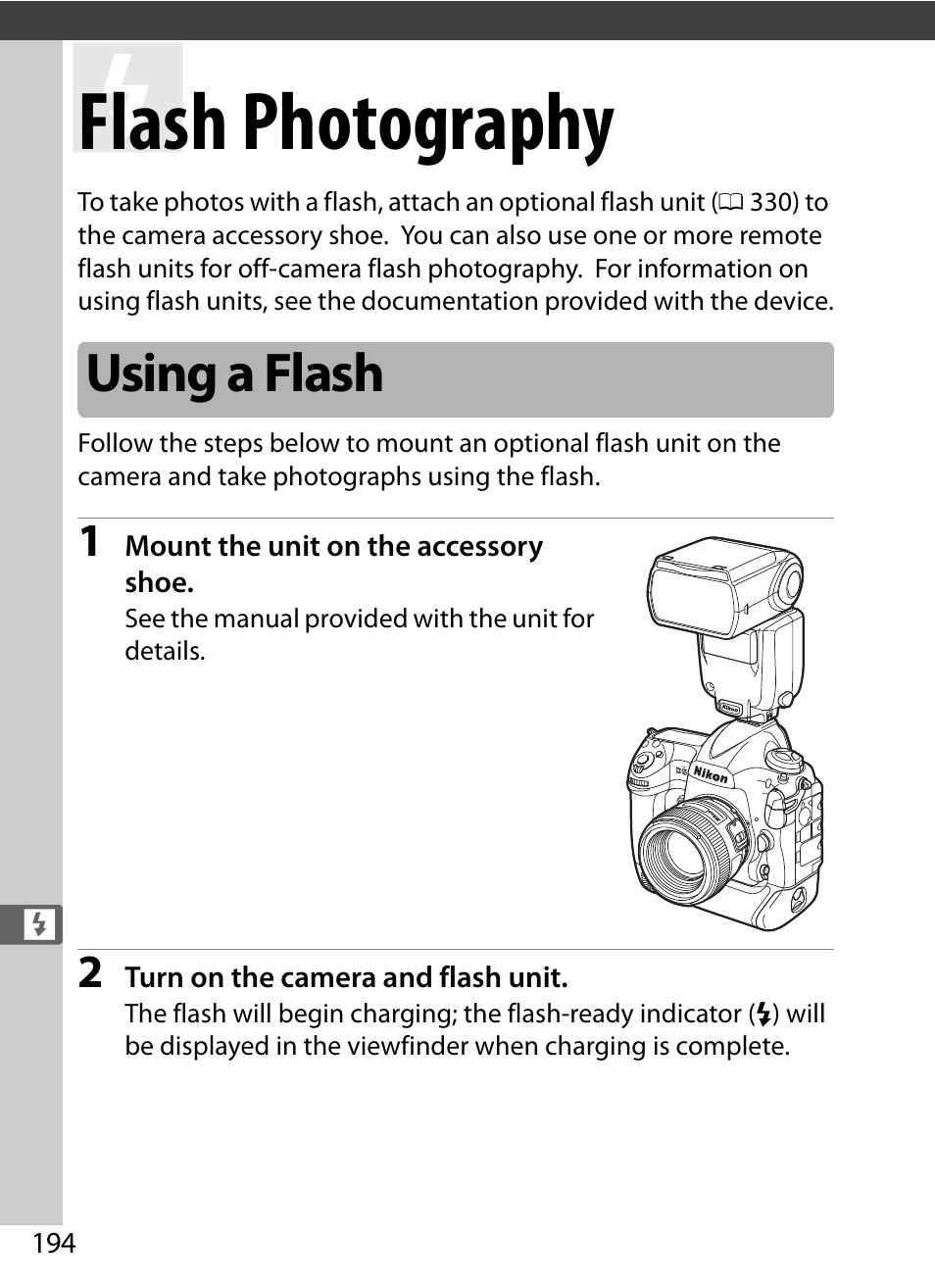 Flash photography, Using a flash, Ash lighting | Nikon D5 User Manual | Page 216 / 424
