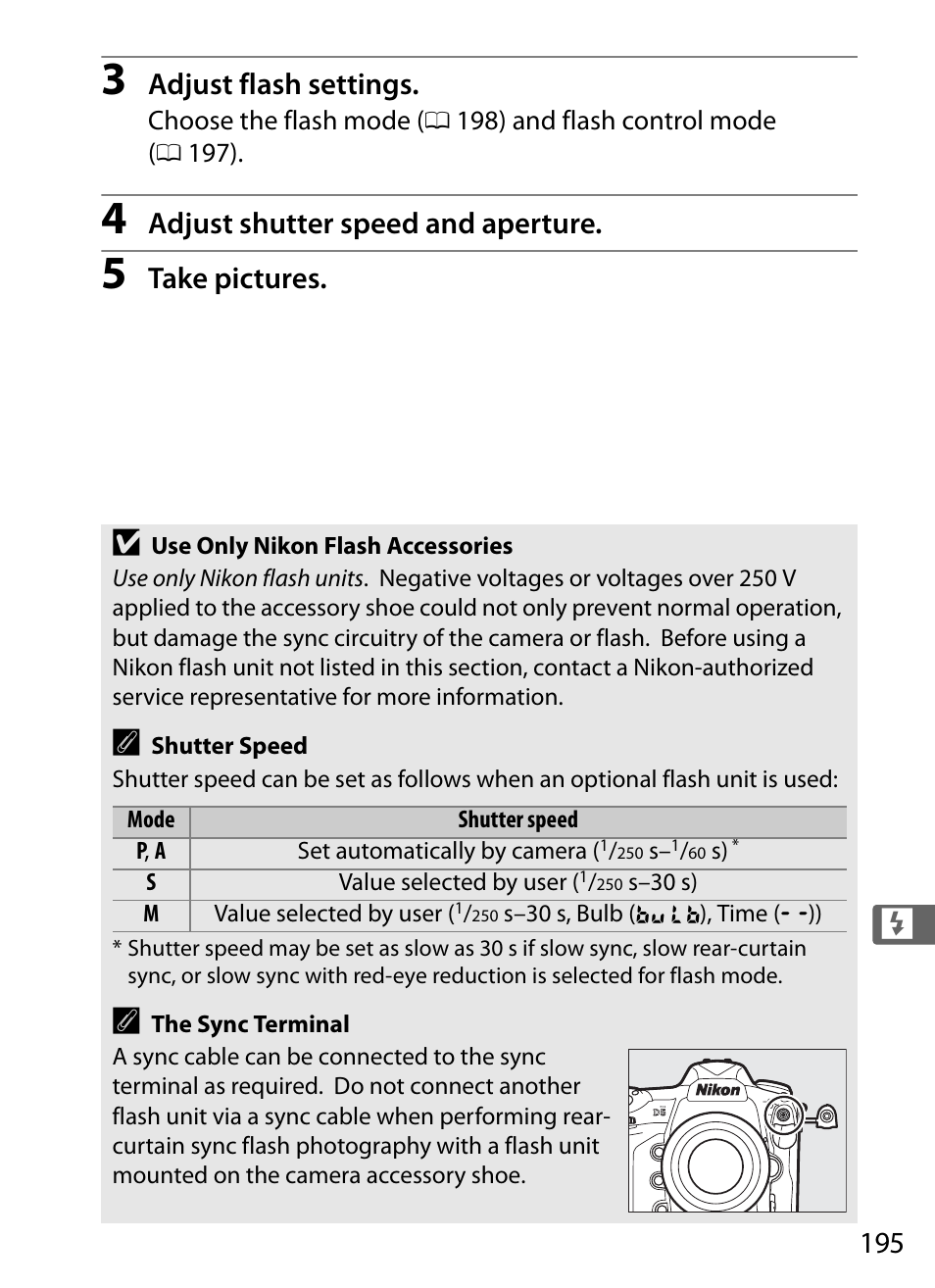 Adjust flash settings, Adjust shutter speed and aperture, Take pictures | Nikon D5 User Manual | Page 217 / 424