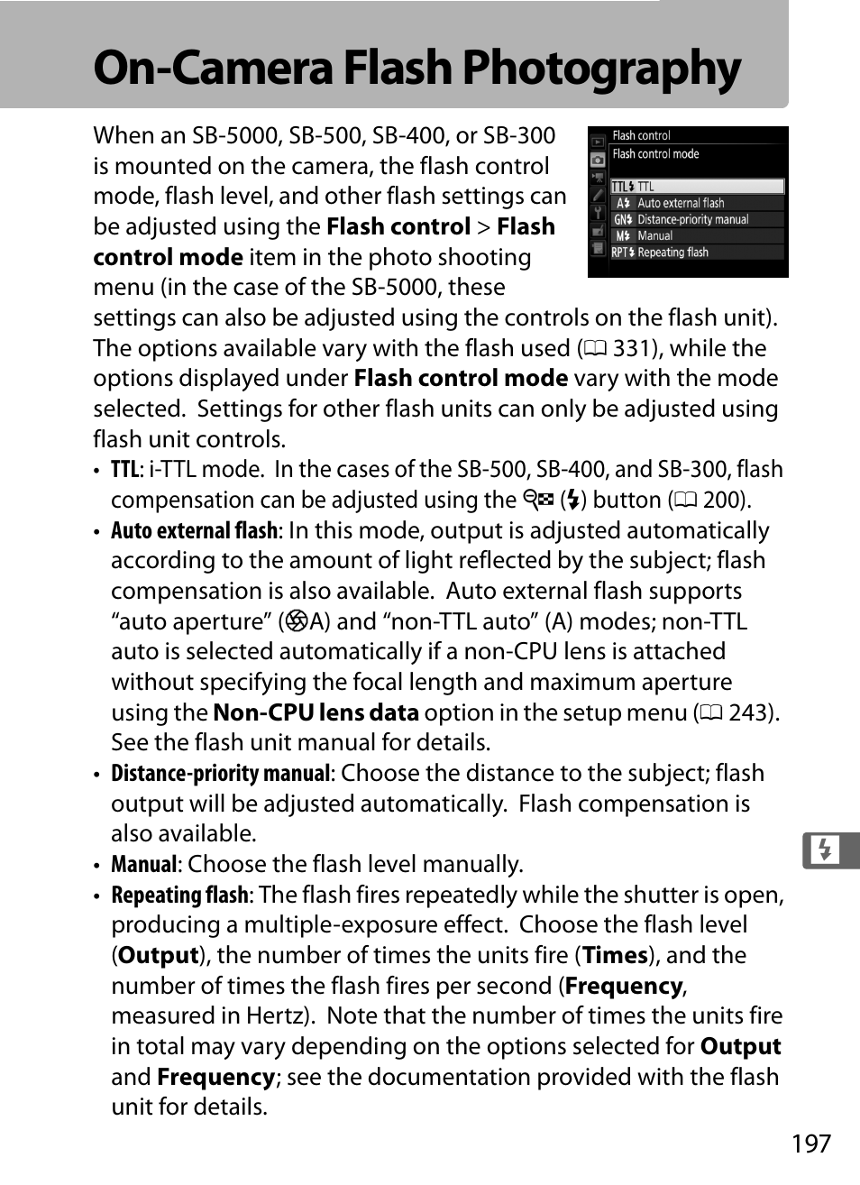 On-camera flash photography | Nikon D5 User Manual | Page 219 / 424