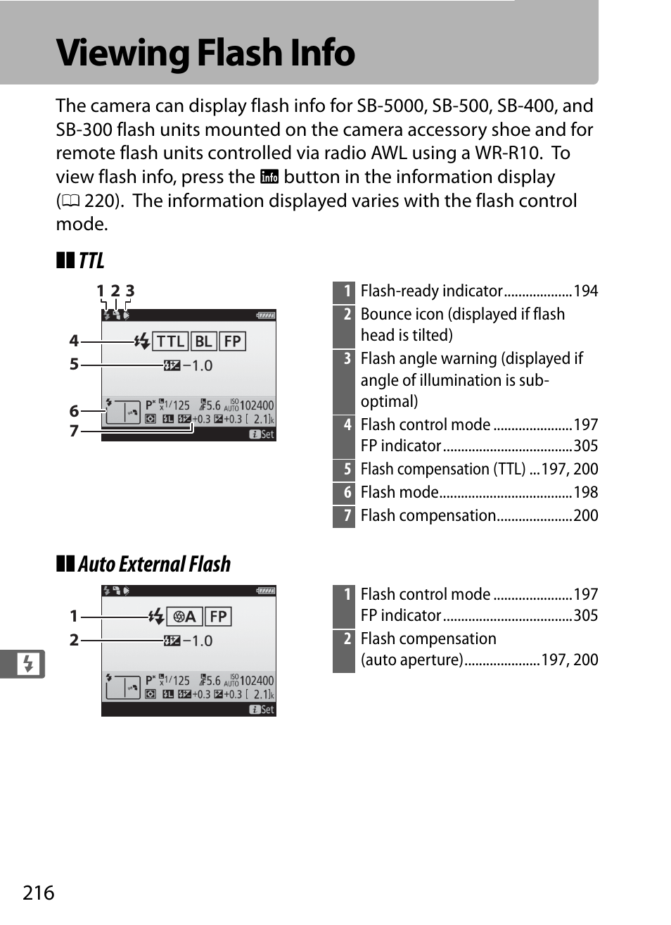Viewing flash info, Ttl ❚❚ auto external flash | Nikon D5 User Manual | Page 238 / 424