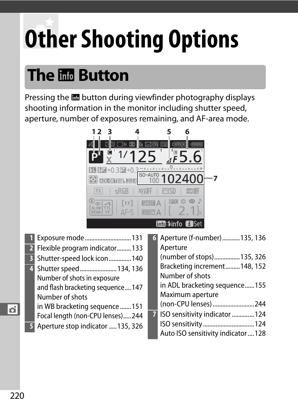 Other shooting options, The info button, The r button | Nikon D5 User Manual | Page 242 / 424