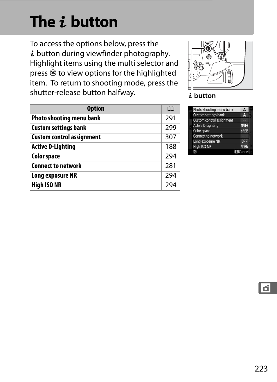 The i button | Nikon D5 User Manual | Page 245 / 424