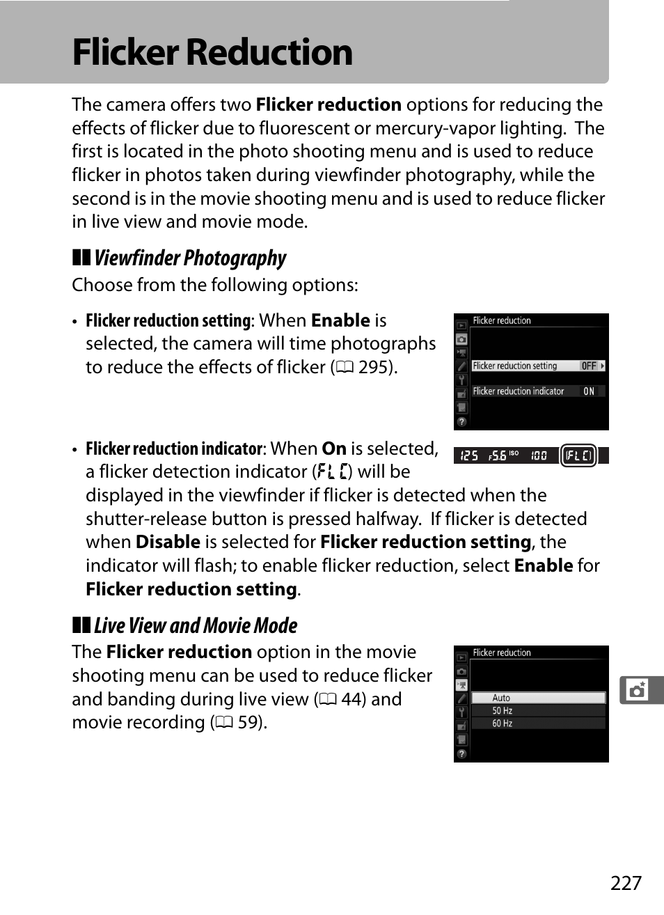 Flicker reduction, Menu | Nikon D5 User Manual | Page 249 / 424