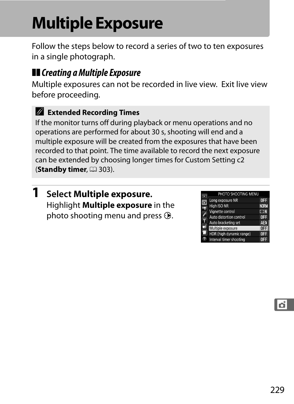 Multiple exposure, E (0 229), 0 229), or | 0 229), a | Nikon D5 User Manual | Page 251 / 424