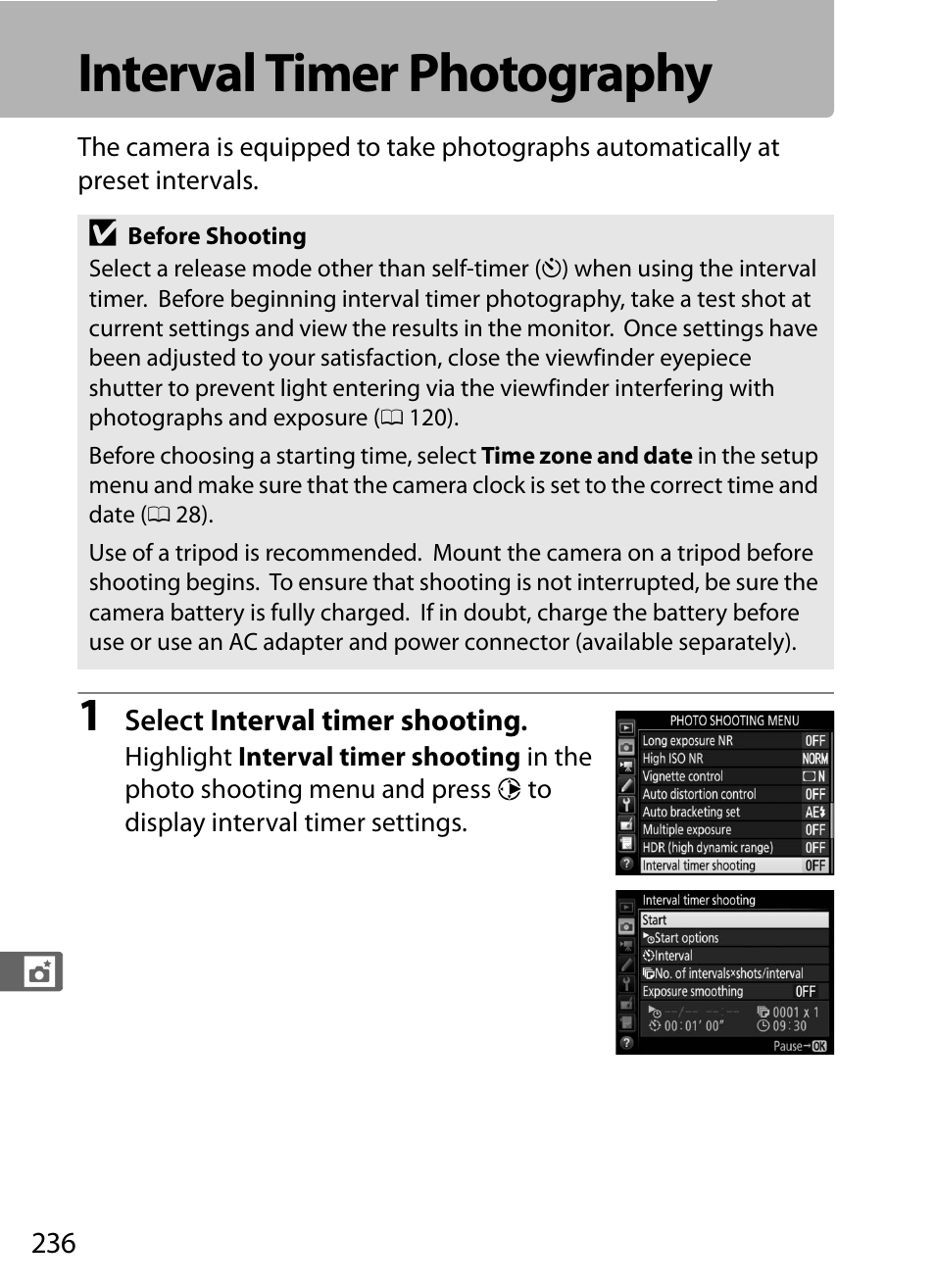 Interval timer photography, 0 236) is, 0 236) disables | Nikon D5 User Manual | Page 258 / 424