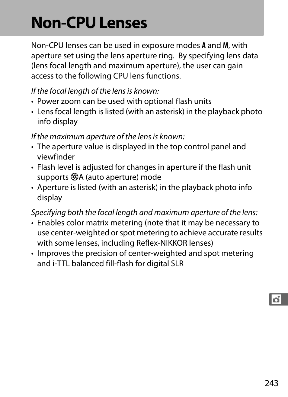 Non-cpu lenses, 0 243) allo, 0 243), selec | Nikon D5 User Manual | Page 265 / 424