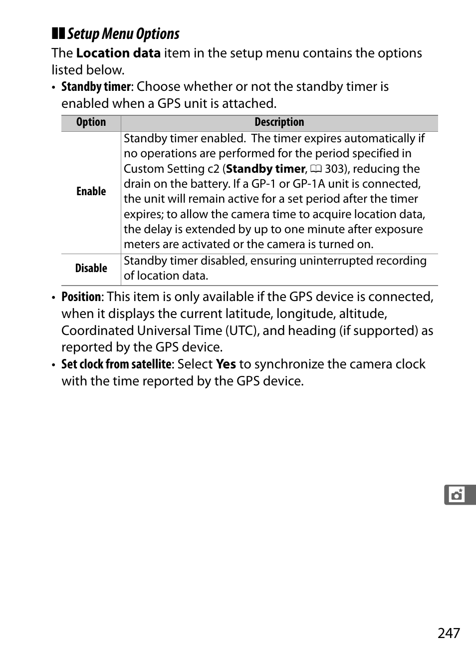 The gps unit, Setup menu options | Nikon D5 User Manual | Page 269 / 424