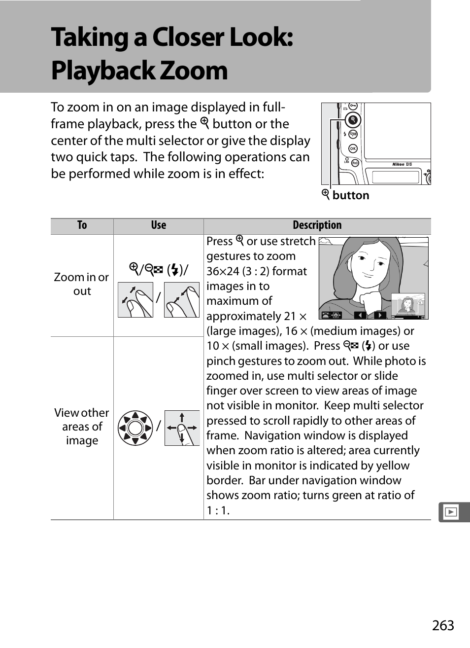 Taking a closer look: playback zoom | Nikon D5 User Manual | Page 285 / 424