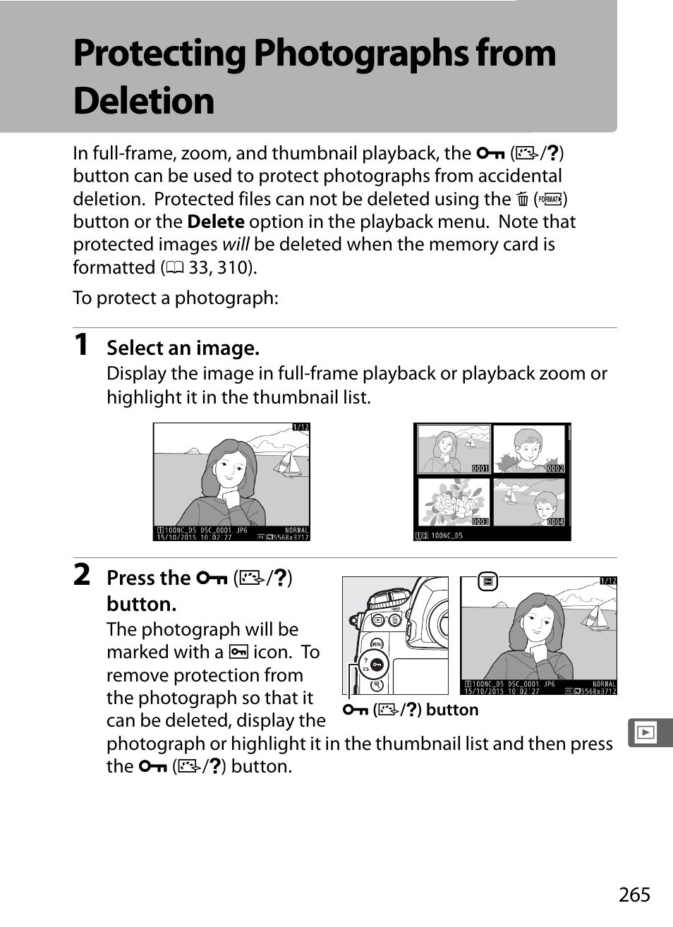 Protecting photographs from deletion | Nikon D5 User Manual | Page 287 / 424