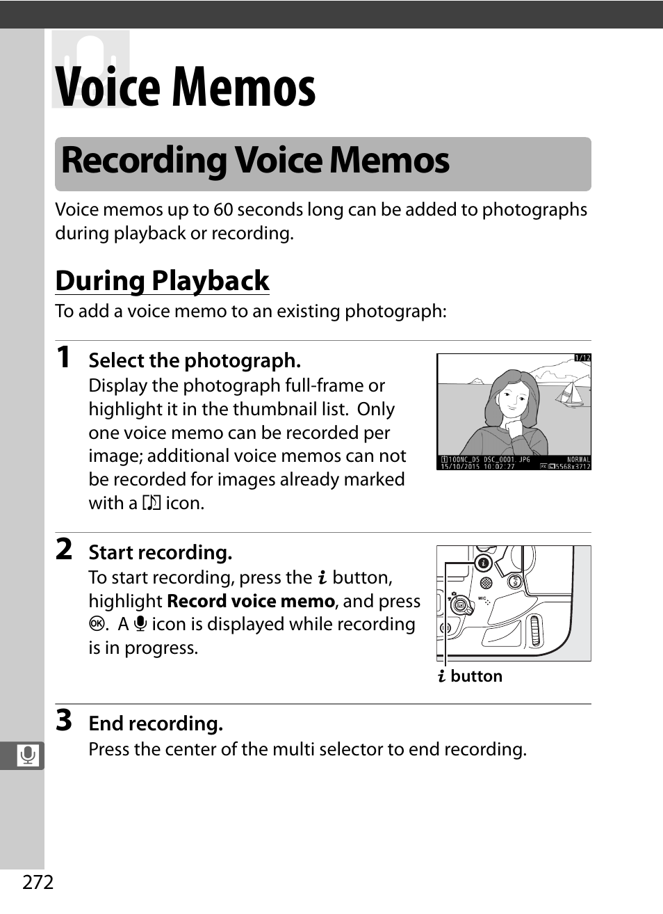 Voice memos, Recording voice memos, During playback | Nikon D5 User Manual | Page 294 / 424