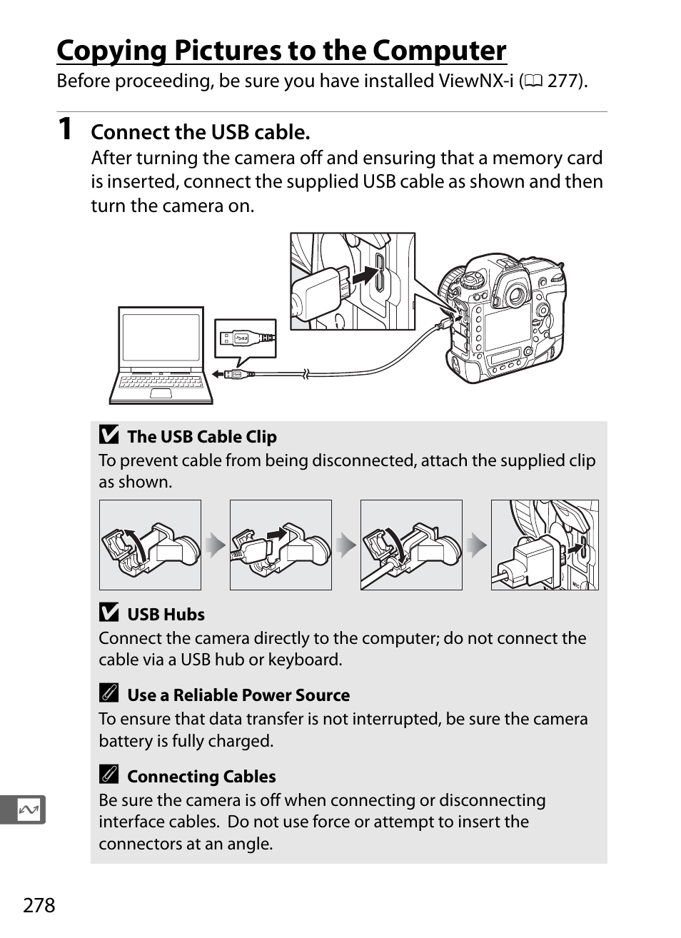 Copying pictures to the computer, Usb cable | Nikon D5 User Manual | Page 300 / 424