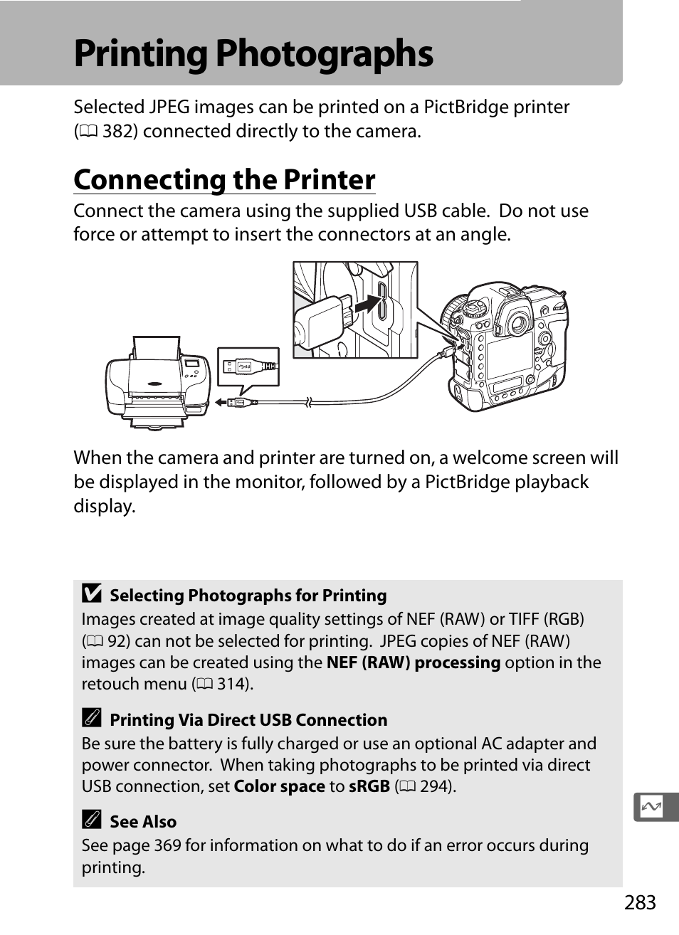 Printing photographs, Connecting the printer | Nikon D5 User Manual | Page 305 / 424