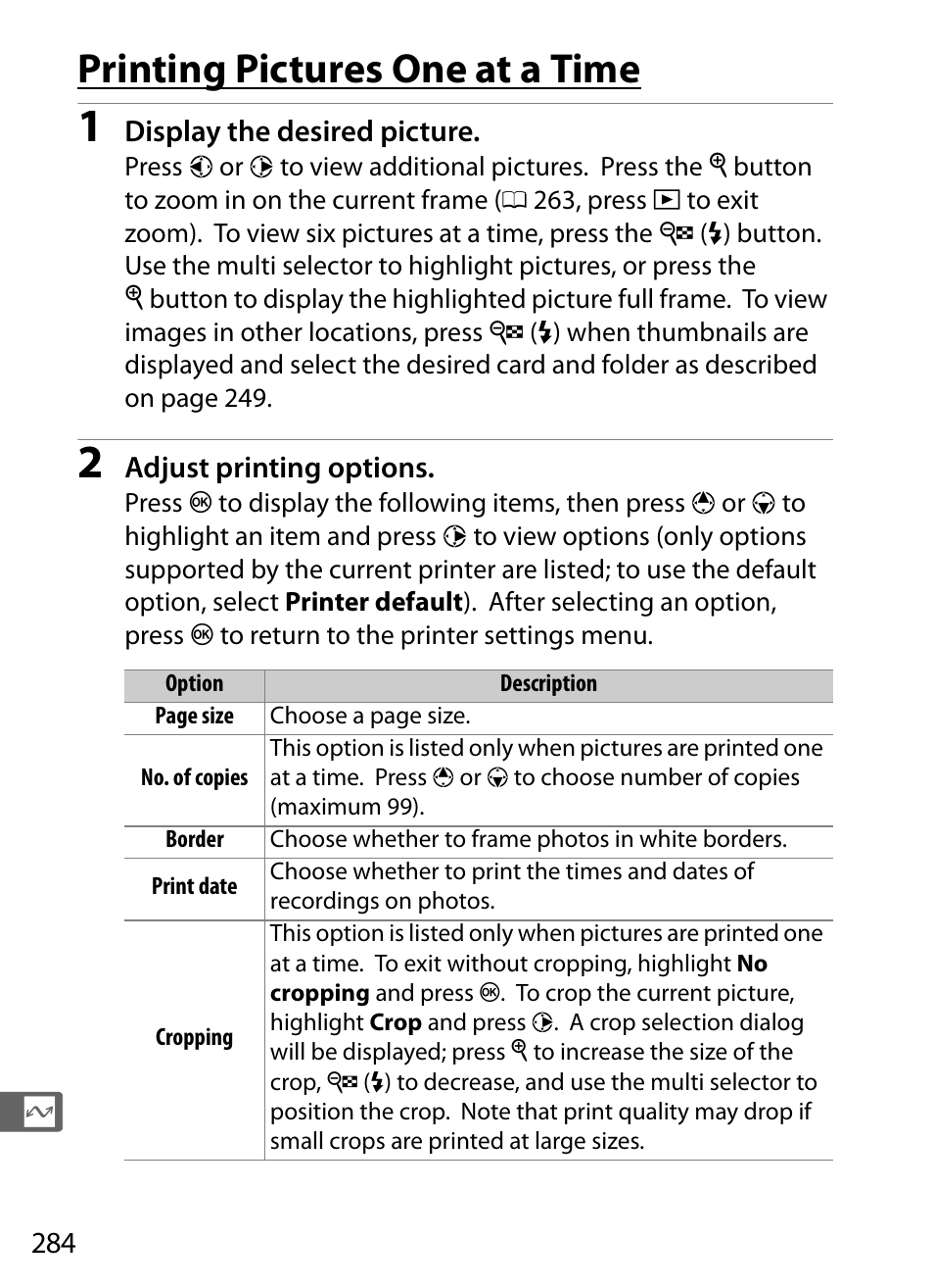 Printing pictures one at a time | Nikon D5 User Manual | Page 306 / 424