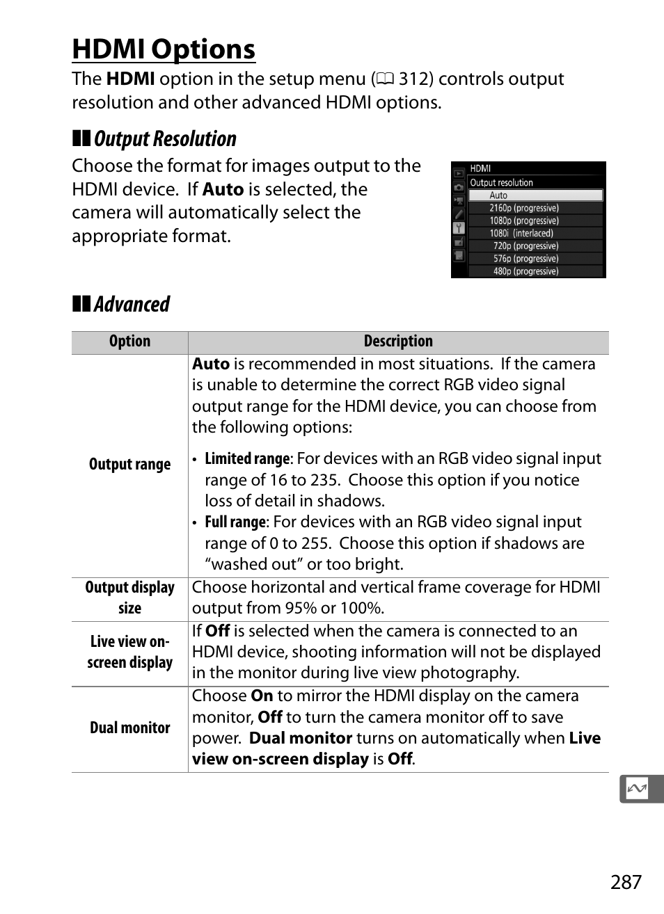 Hdmi options, Output resolution, Advanced | Nikon D5 User Manual | Page 309 / 424