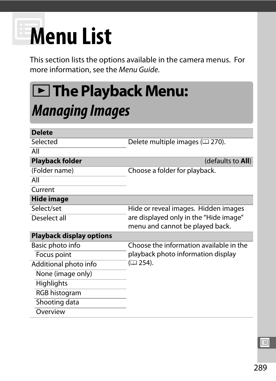 Menu list, The playback menu: managing images, 0 289) and selec | D the playback menu: managing images | Nikon D5 User Manual | Page 311 / 424