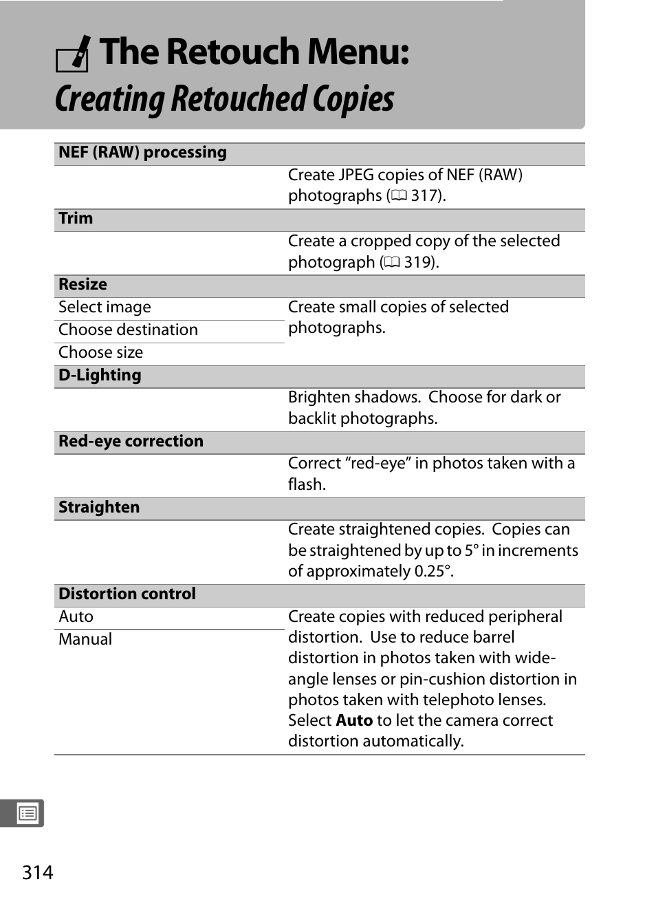 The retouch menu: creating retouched copies, N the retouch menu: creating retouched copies | Nikon D5 User Manual | Page 336 / 424