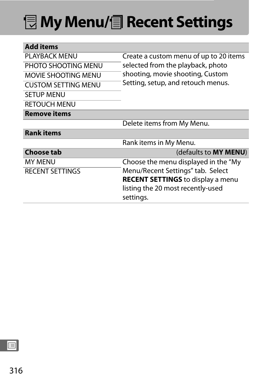 My menu/recent settings, O my menu/ m recent settings | Nikon D5 User Manual | Page 338 / 424