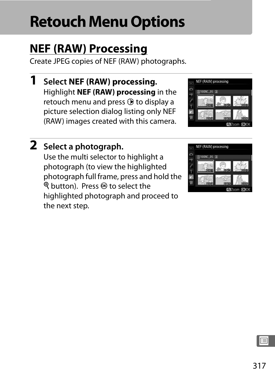 Retouch menu options, Nef (raw) processing | Nikon D5 User Manual | Page 339 / 424