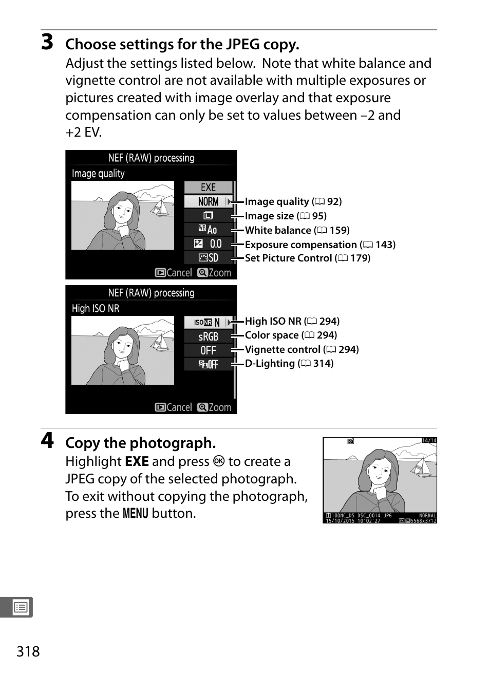 Choose settings for the jpeg copy, Copy the photograph | Nikon D5 User Manual | Page 340 / 424