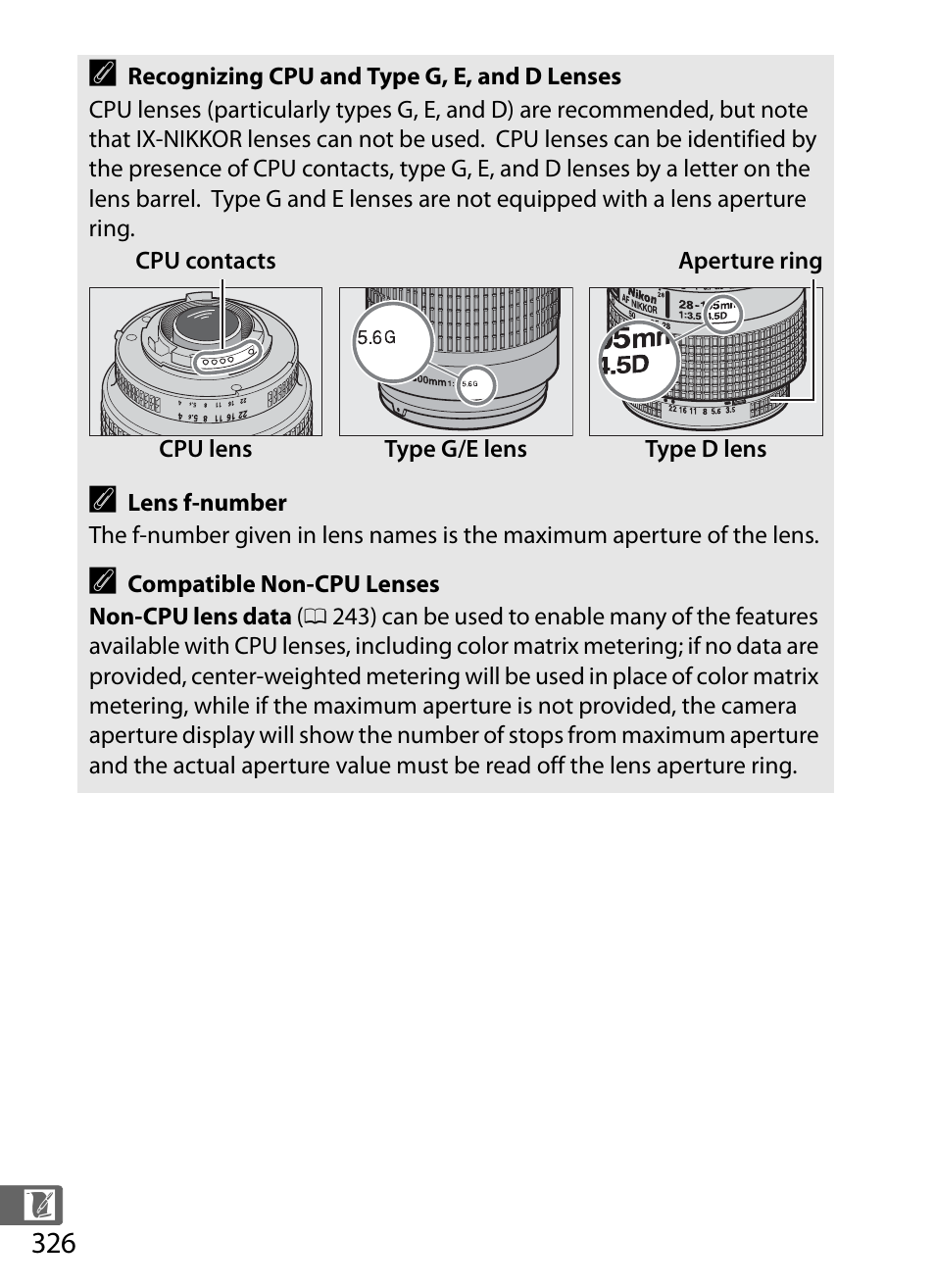 0 326), lock, Ched | Nikon D5 User Manual | Page 348 / 424