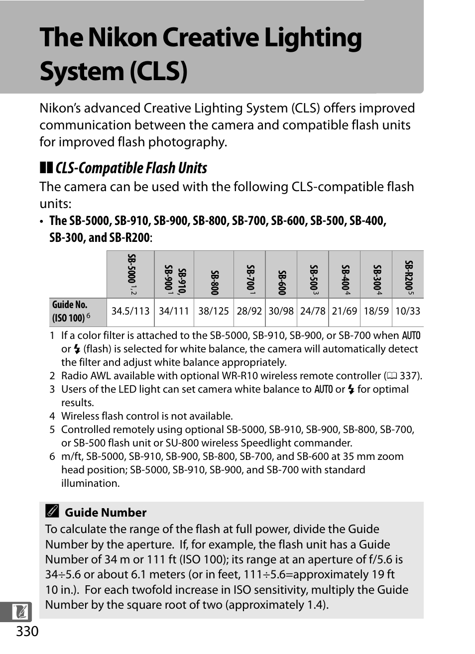 The nikon creative lighting system (cls), 0 330) will, Cls-compatible flash units | Nikon D5 User Manual | Page 352 / 424