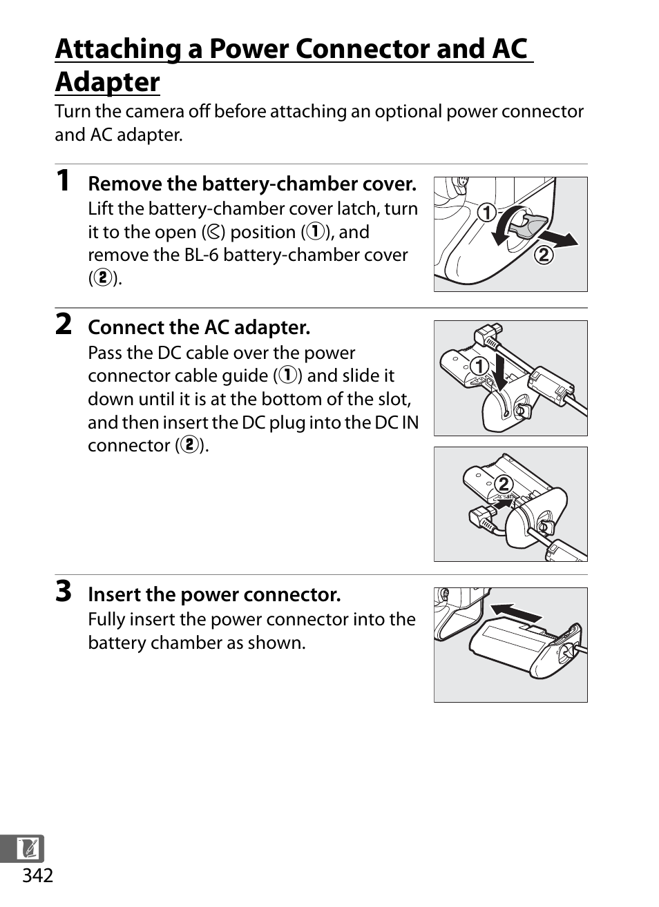 Attaching a power connector and ac adapter, 342 f | Nikon D5 User Manual | Page 364 / 424