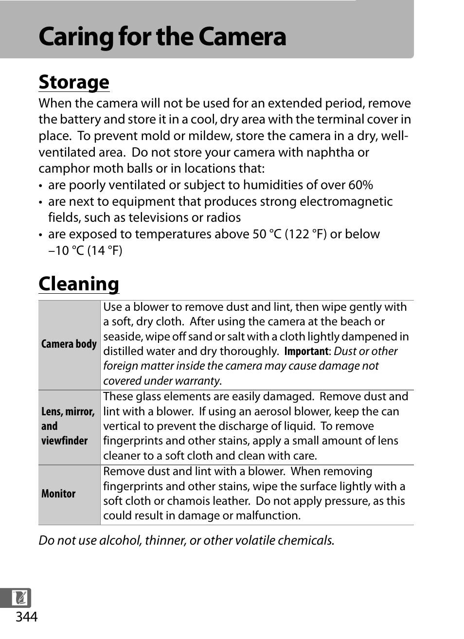Caring for the camera, Storage, Cleaning | Nikon D5 User Manual | Page 366 / 424