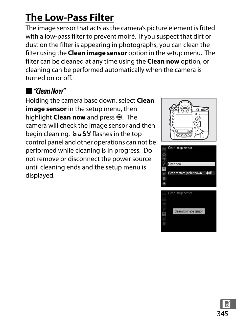 The low-pass filter, Clean now | Nikon D5 User Manual | Page 367 / 424