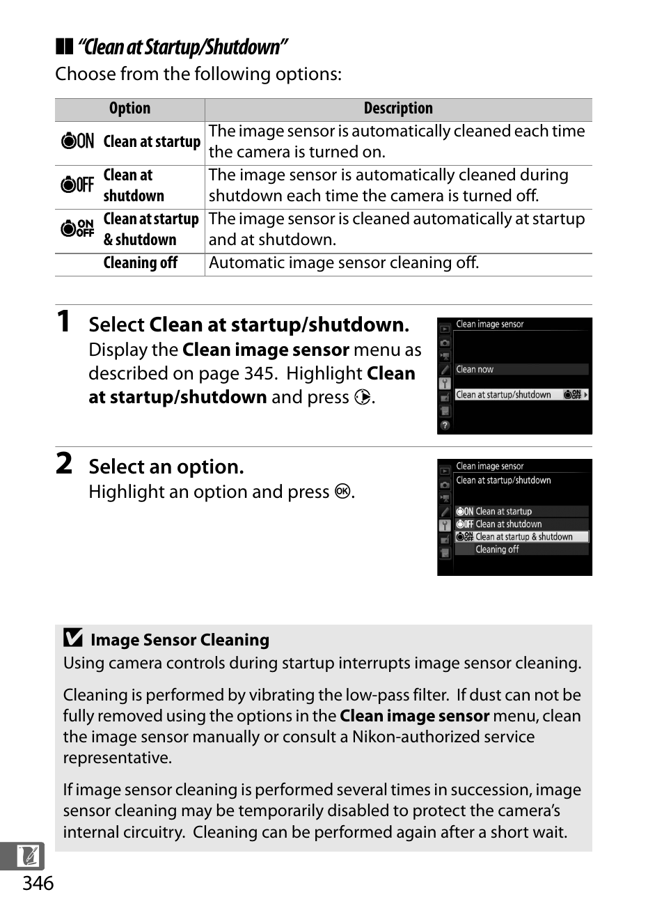 Clean at startup/shutdown | Nikon D5 User Manual | Page 368 / 424