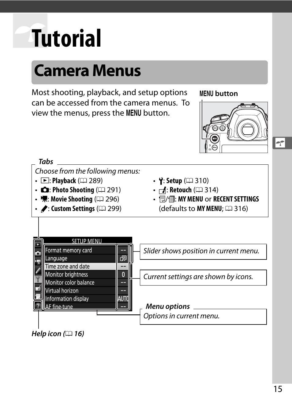 Tutorial, Camera menus | Nikon D5 User Manual | Page 37 / 424