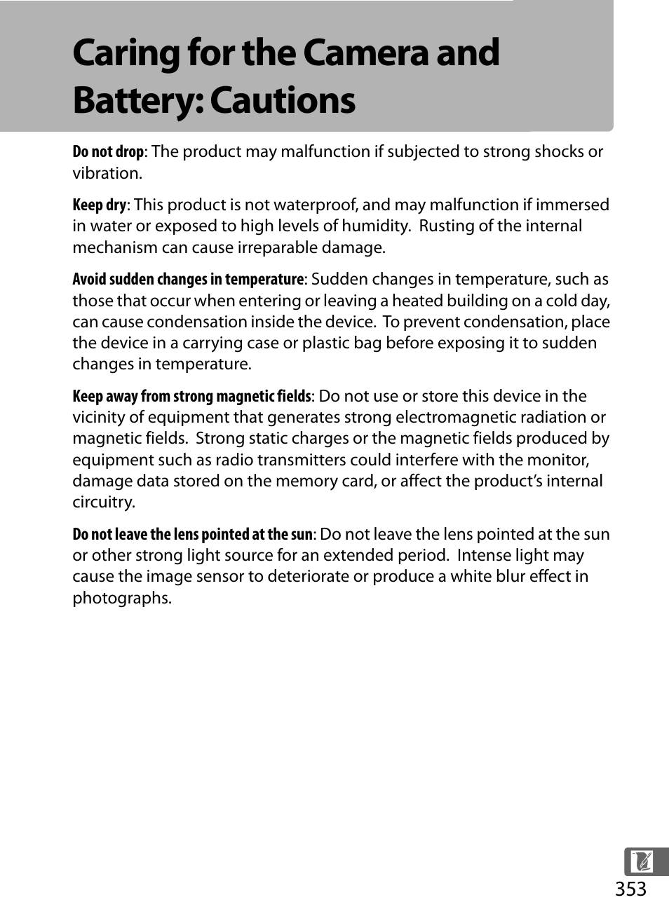 Caring for the camera and battery: cautions | Nikon D5 User Manual | Page 375 / 424