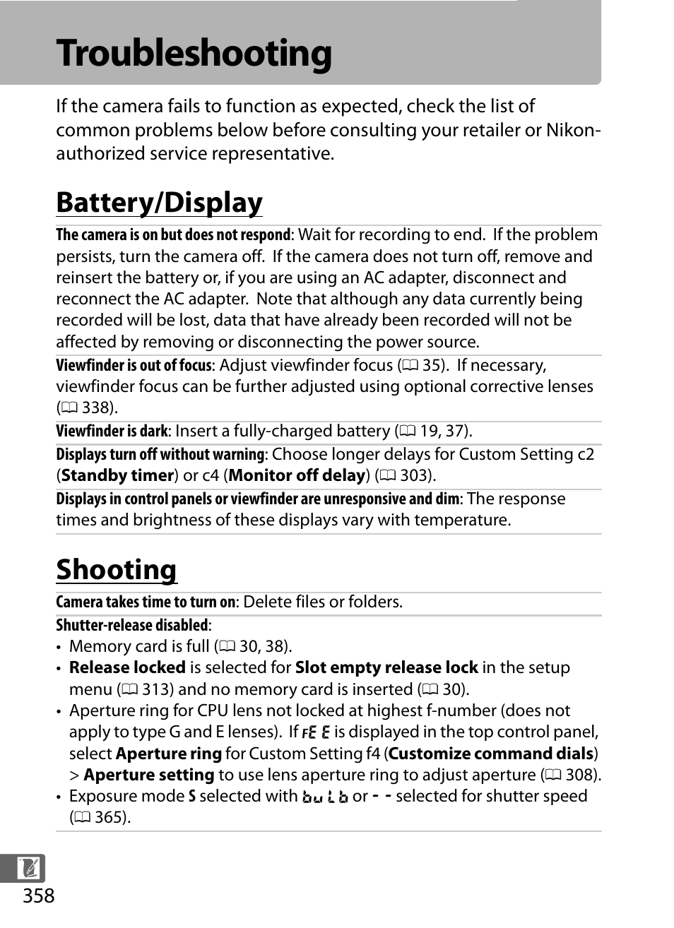 Troubleshooting, Battery/display, Shooting | Battery/display shooting | Nikon D5 User Manual | Page 380 / 424