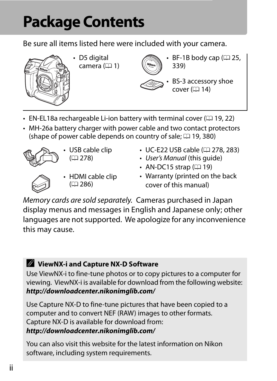 Package contents | Nikon D5 User Manual | Page 4 / 424
