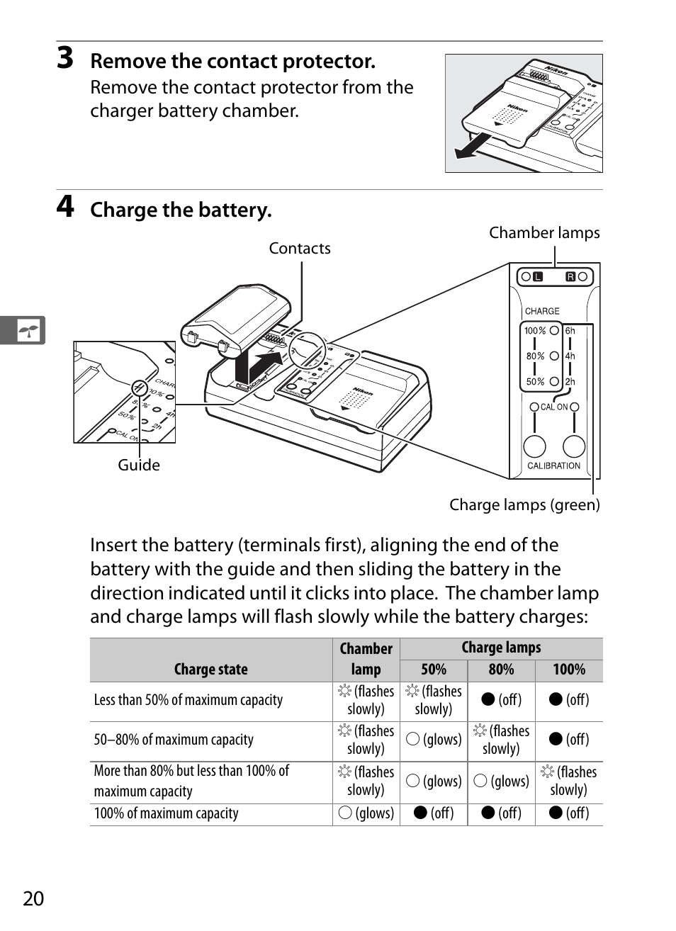 Remove the contact protector, Charge the battery | Nikon D5 User Manual | Page 42 / 424