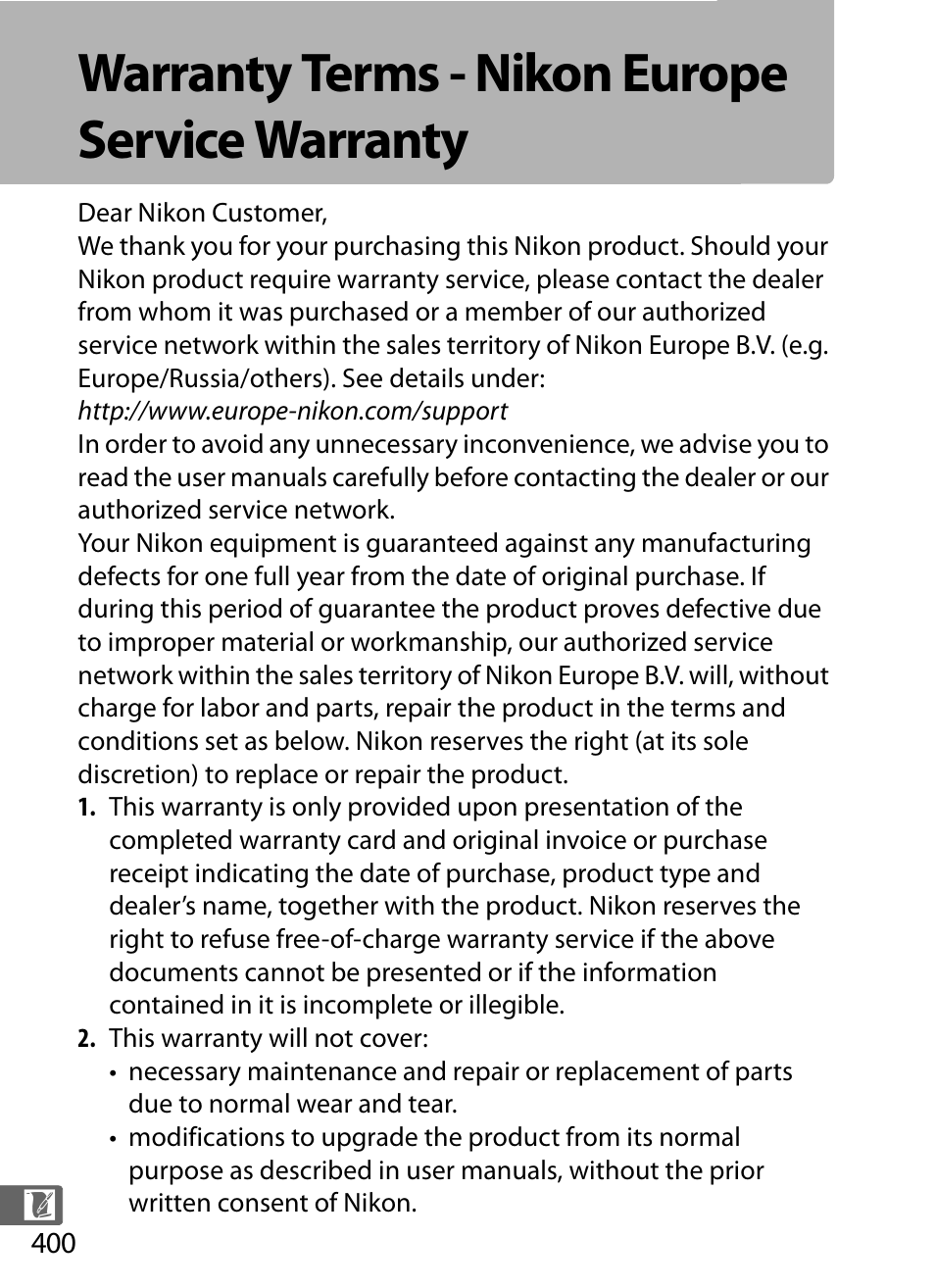 Warranty terms - nikon europe service warranty | Nikon D5 User Manual | Page 422 / 424