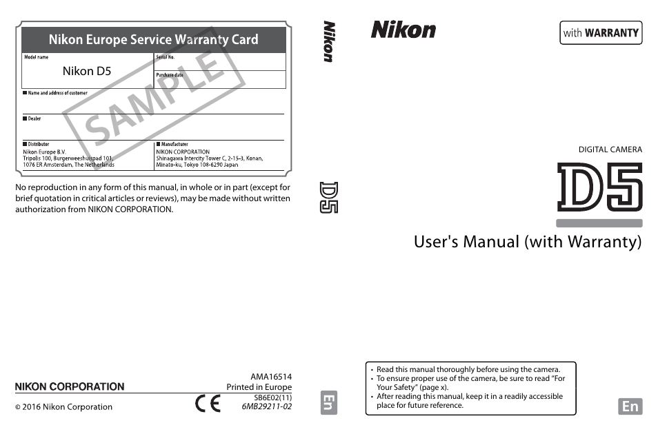 Sample, User's manual (with warranty) | Nikon D5 User Manual | Page 424 / 424