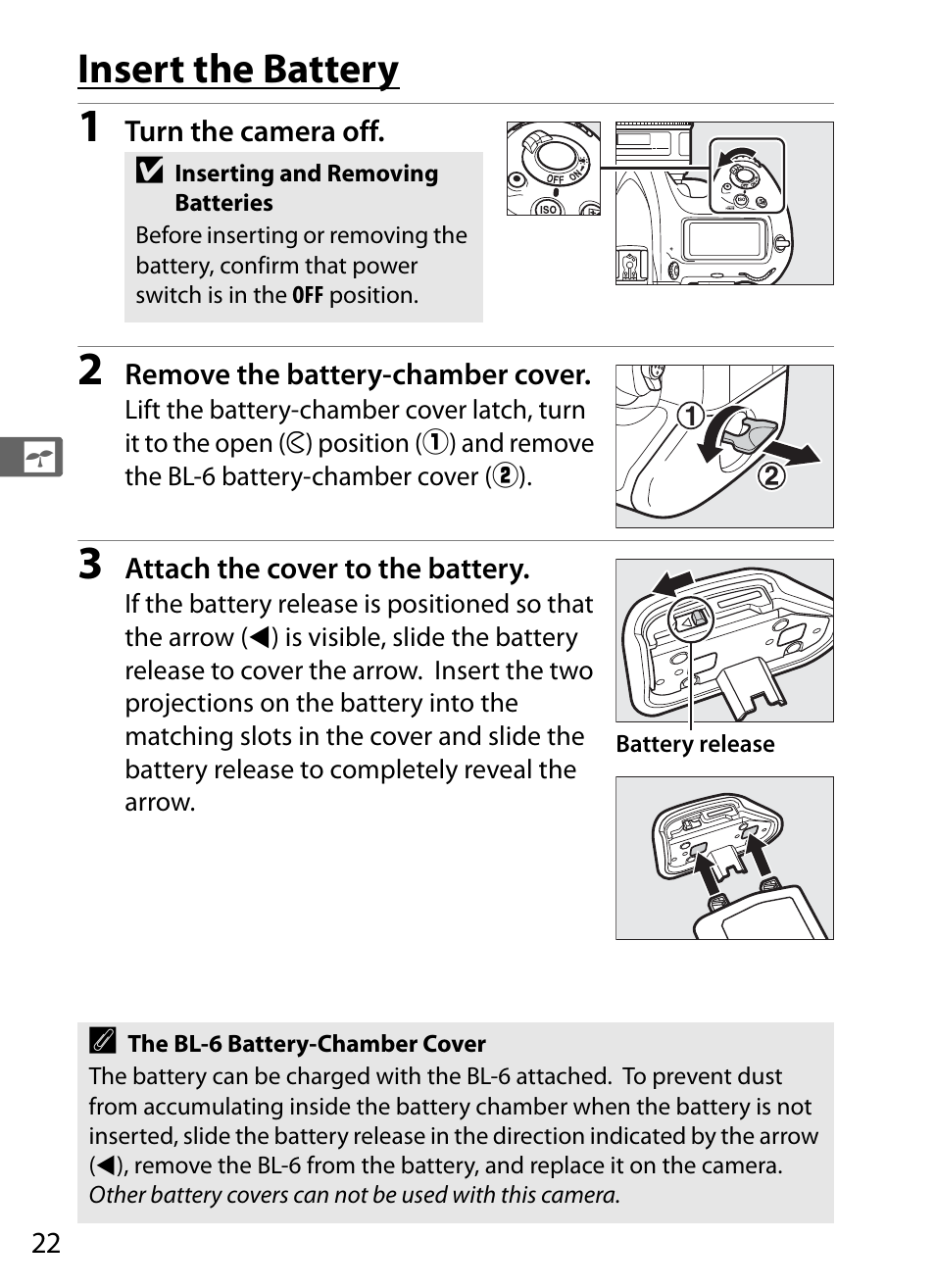 Insert the battery | Nikon D5 User Manual | Page 44 / 424