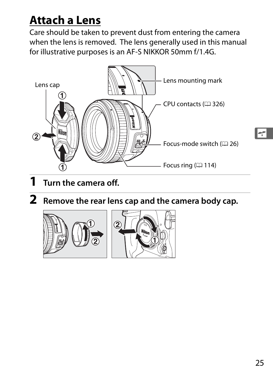 Attach a lens | Nikon D5 User Manual | Page 47 / 424