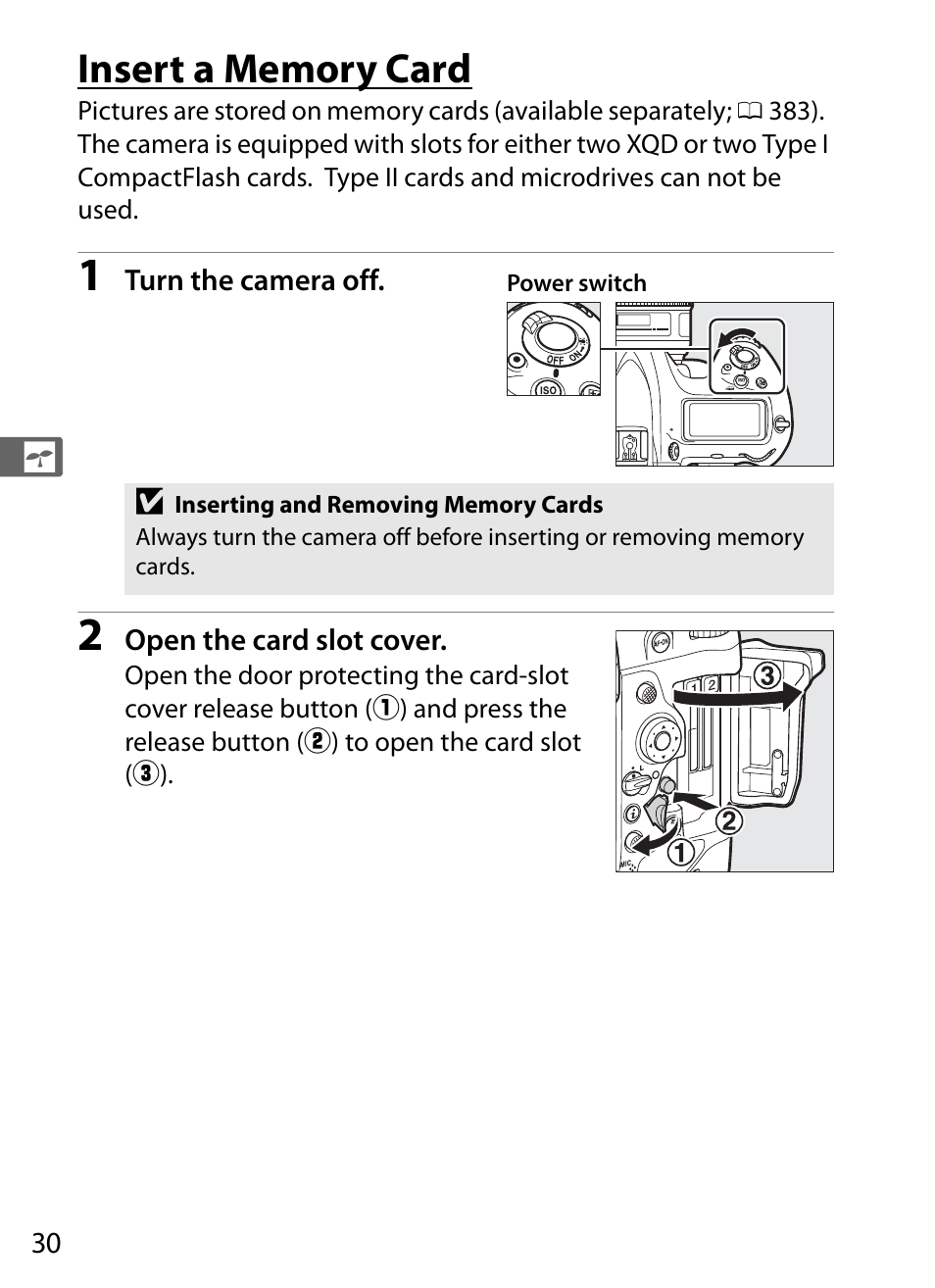 Insert a memory card | Nikon D5 User Manual | Page 52 / 424