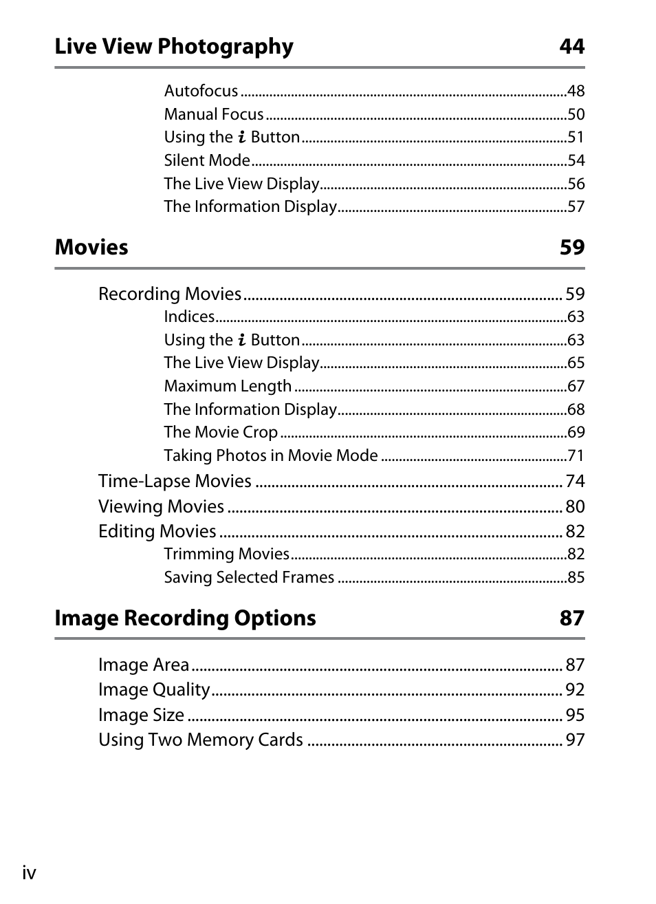 Live view photography 44, Movies 59, Image recording options 87 | Nikon D5 User Manual | Page 6 / 424
