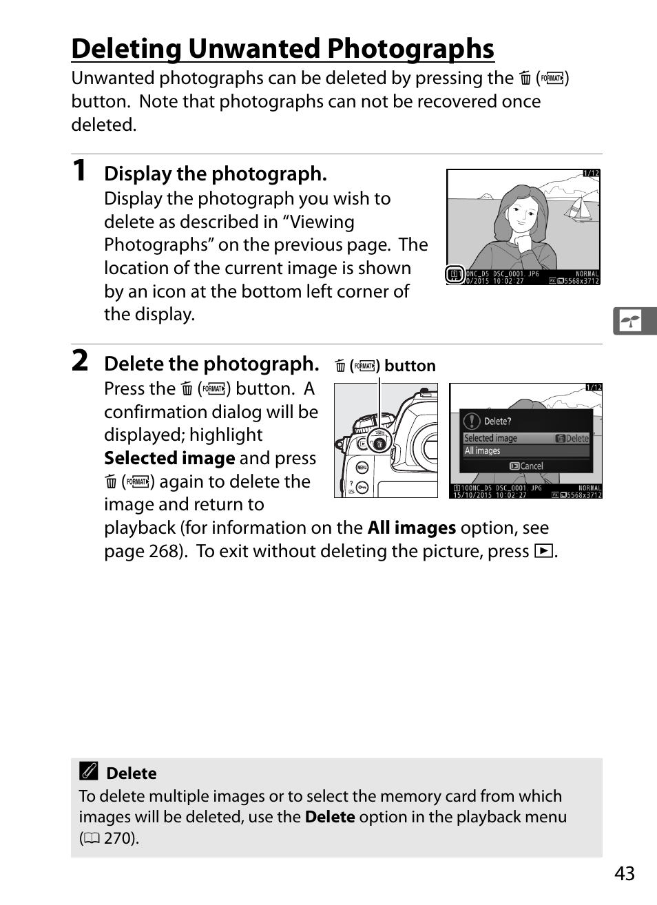 Deleting unwanted photographs | Nikon D5 User Manual | Page 65 / 424