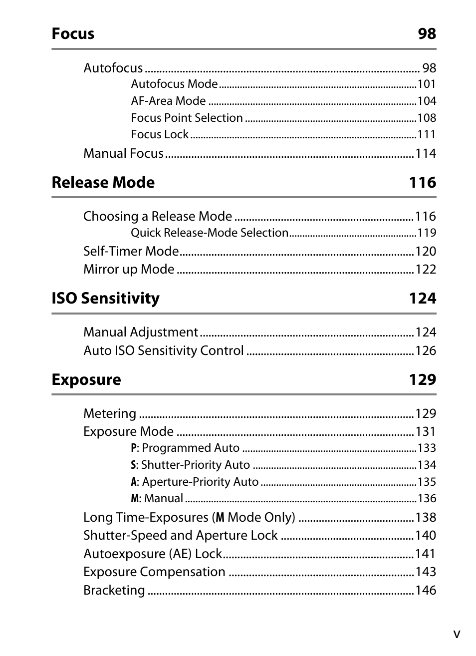 Focus 98, Release mode 116, Iso sensitivity 124 | Exposure 129 | Nikon D5 User Manual | Page 7 / 424