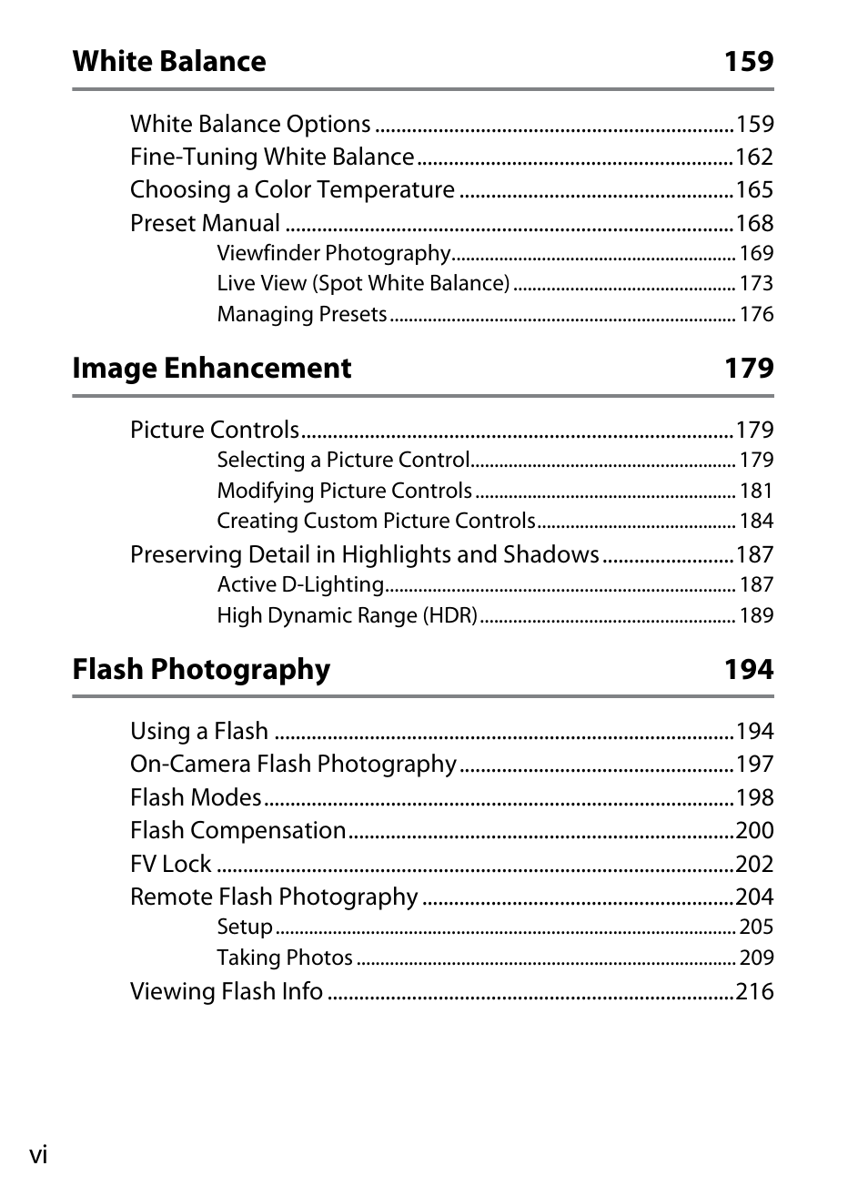 White balance 159, Image enhancement 179, Flash photography 194 | Nikon D5 User Manual | Page 8 / 424