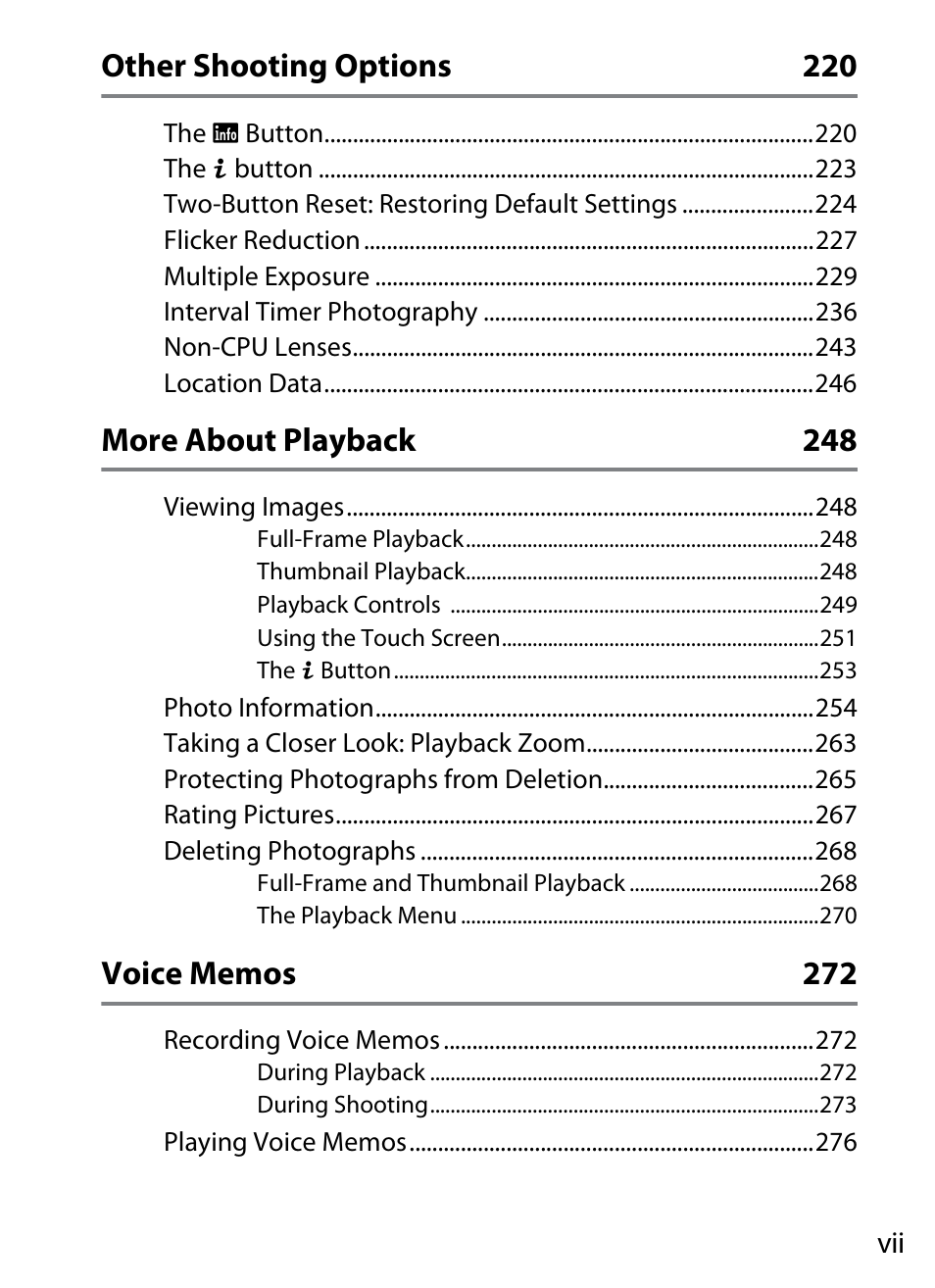 Other shooting options 220, More about playback 248 | Nikon D5 User Manual | Page 9 / 424