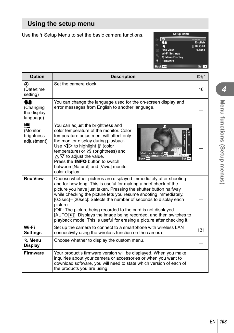 Using the setup menu, Menu functions (setup menus), 103 en | Olympus PEN-F Pancake Zoom 14-42mm Kit User Manual | Page 103 / 184