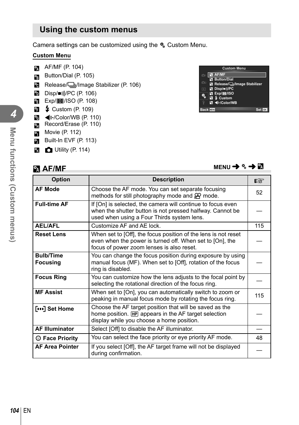 Using the custom menus, R af/mf, Menu functions (custom menus) | 104 en | Olympus PEN-F Pancake Zoom 14-42mm Kit User Manual | Page 104 / 184